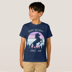 Kids Vintage Sunset Unicorn Name Date Birthday T-Shirt