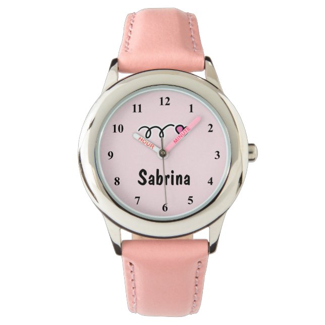 Kid's watches with pink heart and name of child (Front)