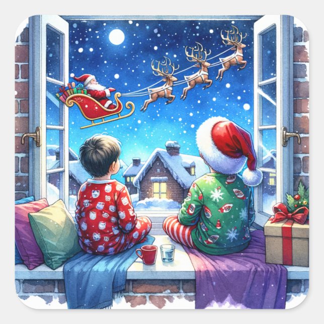Kids Watching Santa on Christmas Eve Square Sticker (Front)