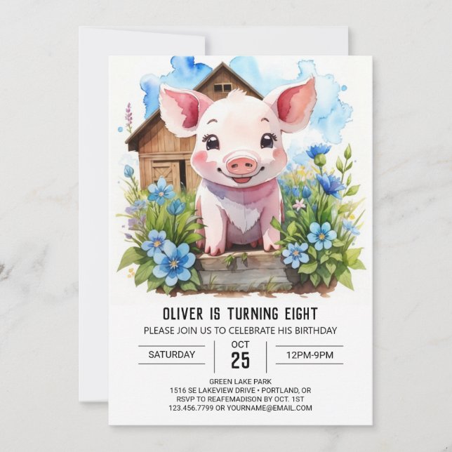 Kids' Watercolor Barnyard Pig Birthday Invitation (Front)