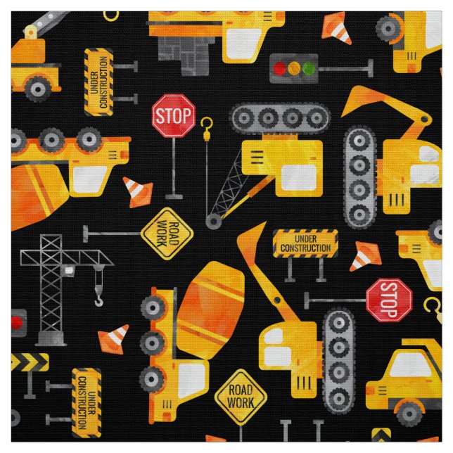 Kids Watercolor Construction Vehicles Fabric (Swatch)