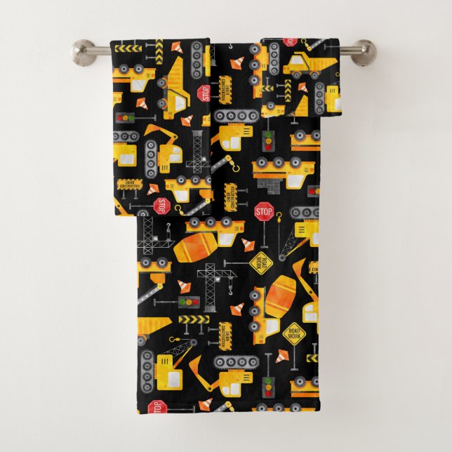 Kids Watercolor Construction Vehicles Pattern Bath Towel Set (Insitu)