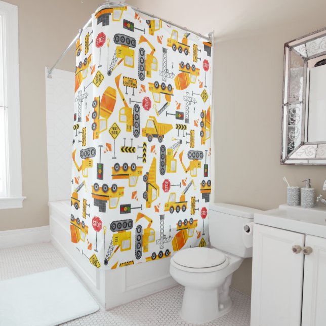 Kids Watercolor Construction Vehicles Pattern Shower Curtain (In Situ)