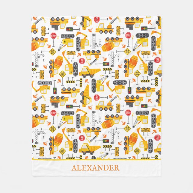 Kids Watercolor Construction Vehicles Personalised Fleece Blanket (Front)