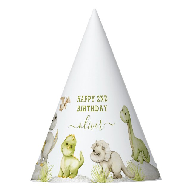 Kids Watercolor Dinosaur Birthday Party Hat (Front)