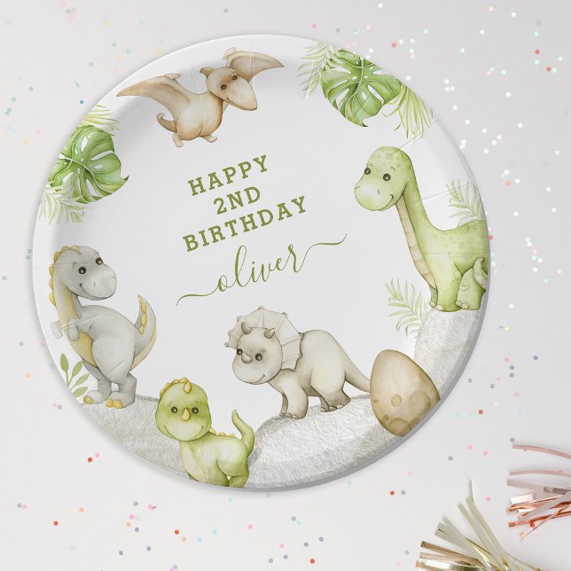 Kids Watercolor Dinosaur Birthday Party Paper Plate (Creator Uploaded)