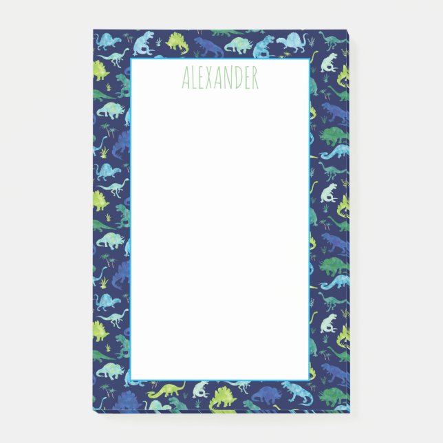 Kids Watercolor Dinosaur Pattern Blue Post-it Notes (Front)