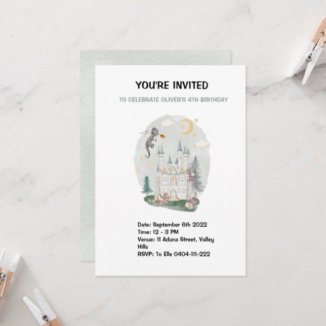 Kids watercolor Dragon castle birthday Invitation (Front/Back In Situ)