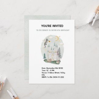Kids watercolor Dragon castle birthday Invitation