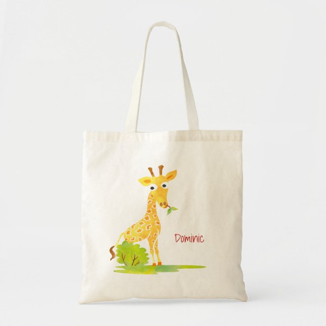 Kids Watercolor Giraffe Personalised Cute Animal Tote Bag (Front)
