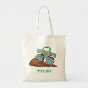 Kids Watercolor Green Monster Stunt Truck Tote Bag