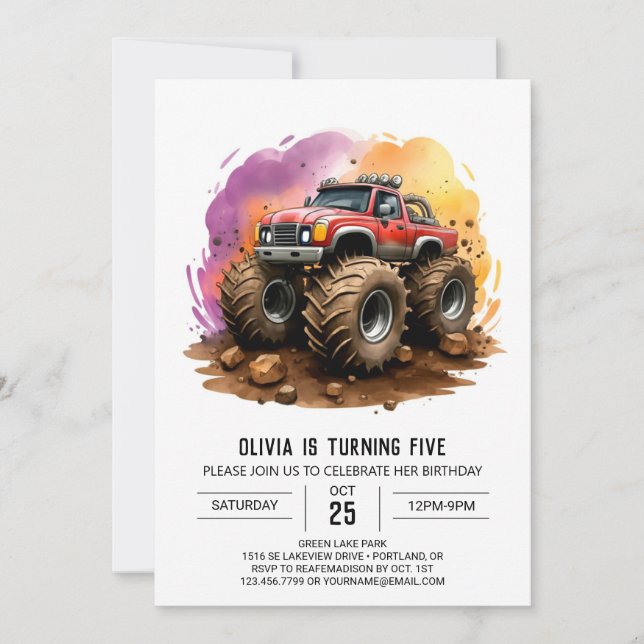 Kids' Watercolor Monster Truck Birthday Invitation (Front)
