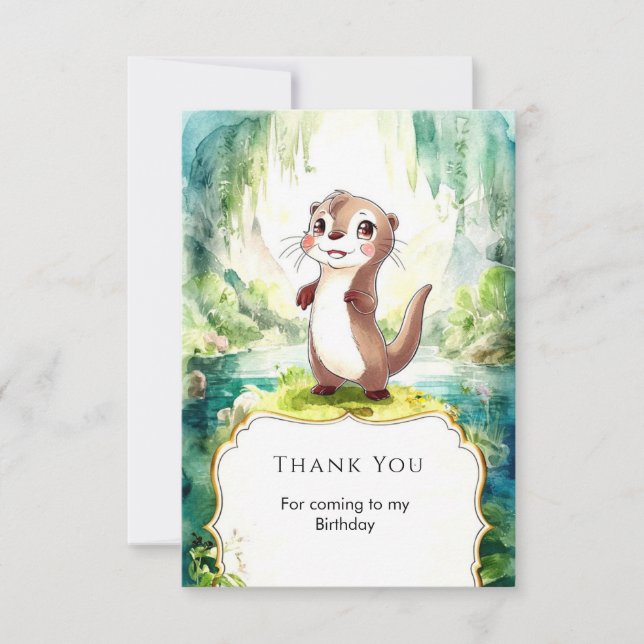 Kids Watercolor Otter Birthday Thank You Card (Front)