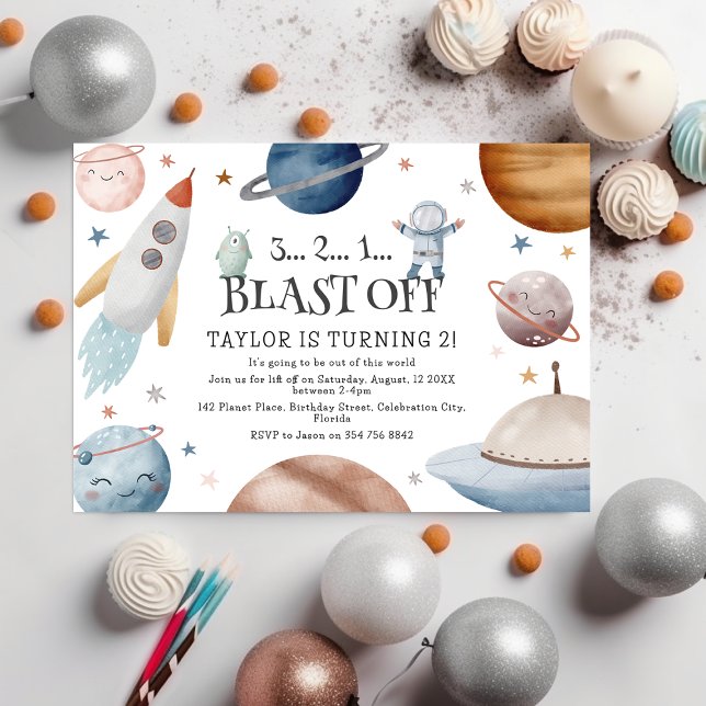Kids Watercolor Outer Space Birthday Party Invitation (Creator Uploaded)