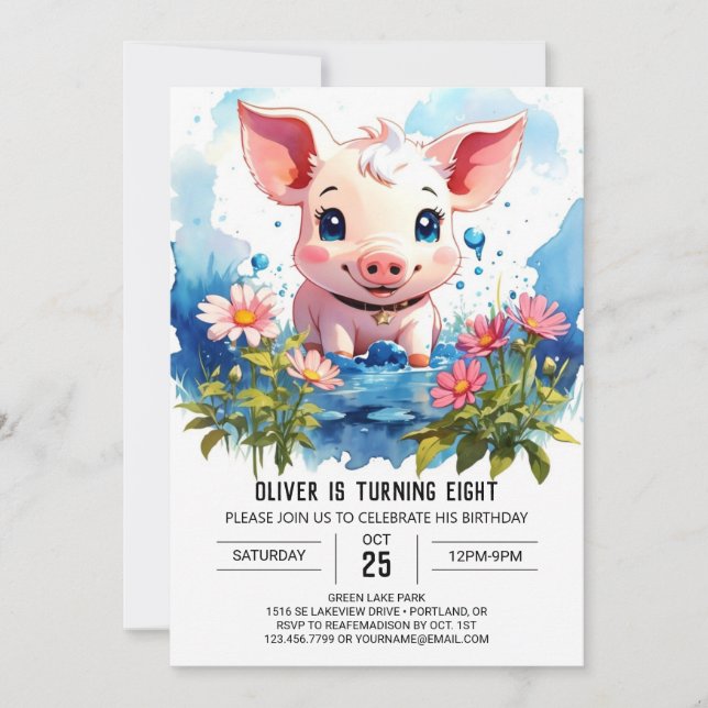 Kids Watercolor Piglet Barnyard Adventure Birthday Invitation (Front)