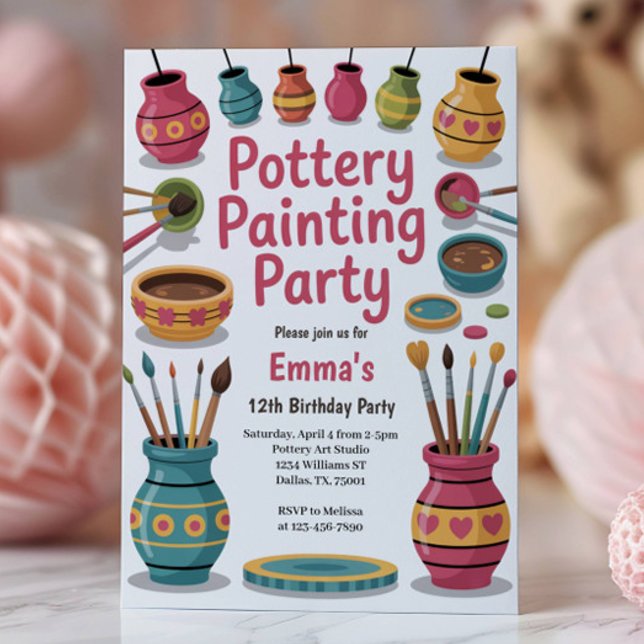 Kids Watercolor Pottery Painting Birthday Party Invitation (Creator Uploaded)