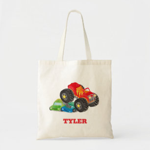 Kids Watercolor Red Monster Stunt Truck Tote Bag