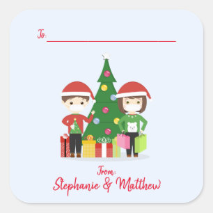 Kids Wearing Face Masks Christmas Square Sticker