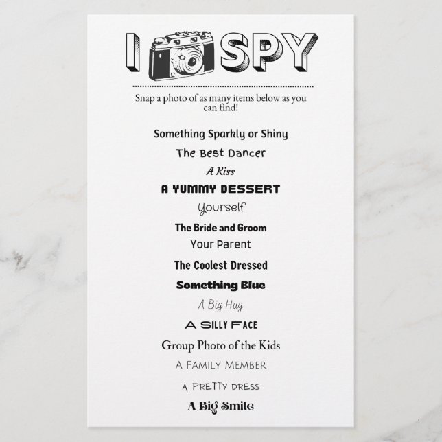 Kids Wedding/Event I-Spy Activity Game Sheet (Front)