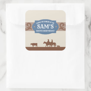 Kids Western Birthday Party Blue/Brown Thank You  Square Sticker