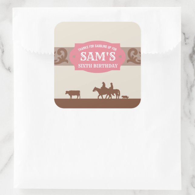 Kids Western Birthday Party Pink/Brown Thank You  Square Sticker (Bag)