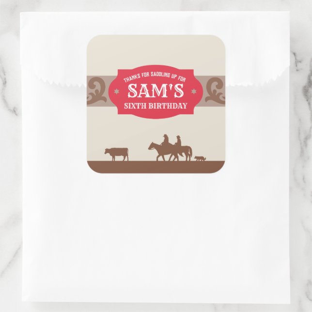 Kids Western Birthday Party Red/Brown Thank You  Square Sticker (Bag)