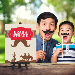 Kids Western Red "Grab a stache" Party Favour Sign