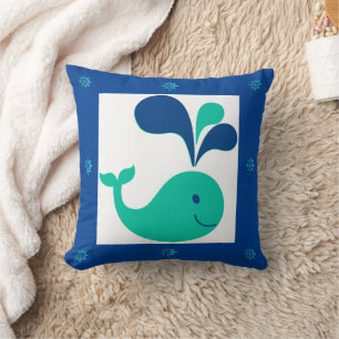 Kids Whale Cartoon Blue White Green Throw Pillow