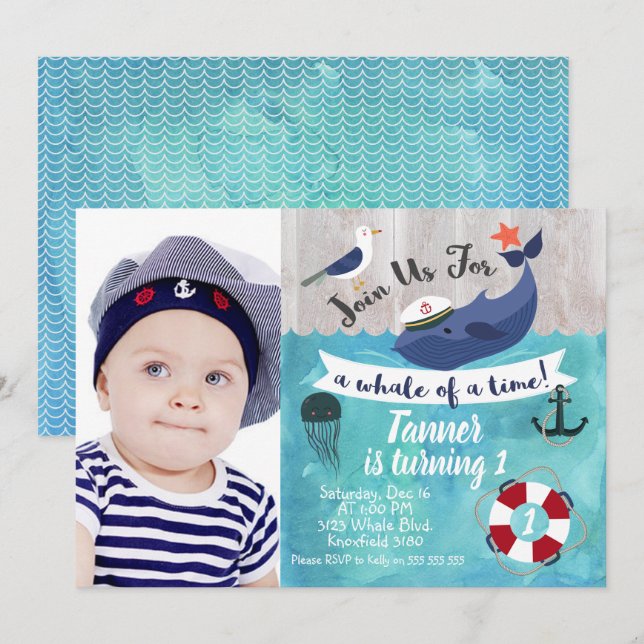 Kids Whale Photo Watercolor Birthday Invitation (Front/Back)