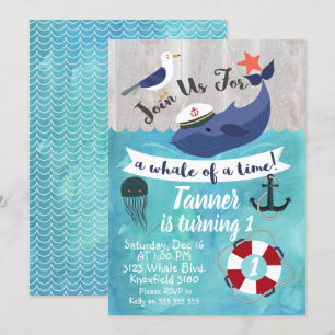 Kids Whale Watercolor Birthday Invitation