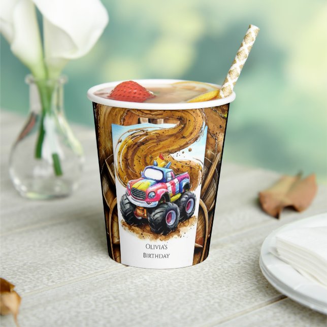 Kids' Whimsical Monster Truck Birthday Paper Cups (Insitu)