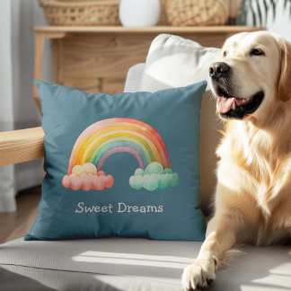 Kids Whimsical Pastel Rainbow in Clouds Cushion