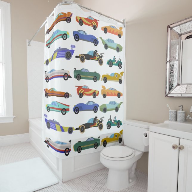 Kids White Race Car Shower Curtain (In Situ)