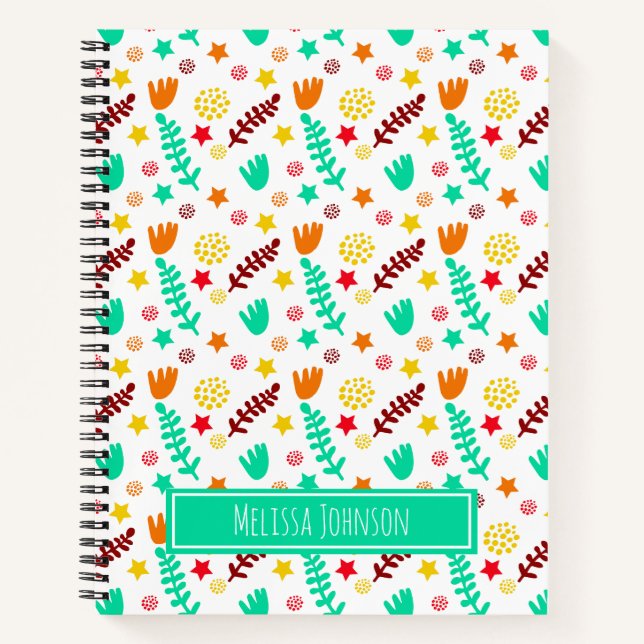 Kids White & Turquoise Playful Botanical Pattern  Notebook (Front)