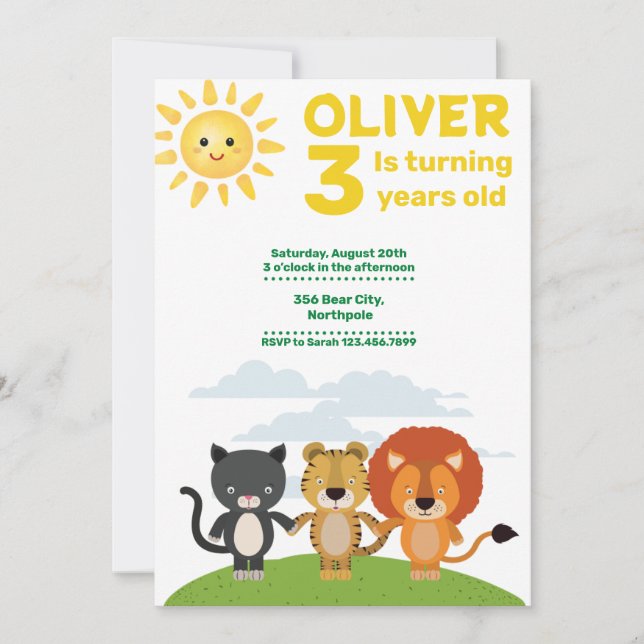 Kids Wild Cute Animals 3rd Birthday Invitation (Front)