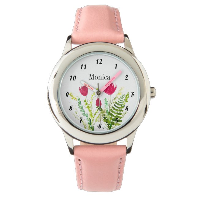 Kids Wildflower Botanical Flowers Name Pink Watch (Front)
