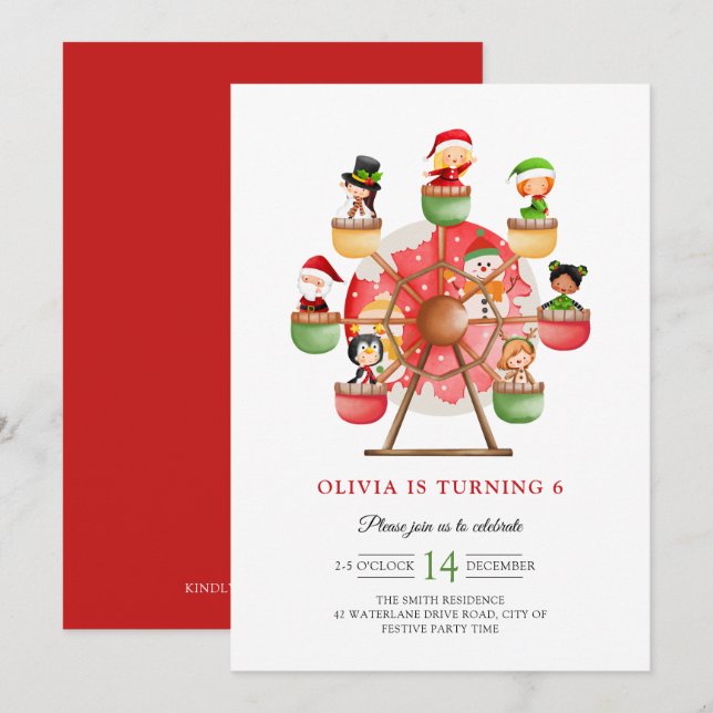 Kids Winter Wonderland Ferris Wheel Xmas Birthday Invitation (Front/Back)