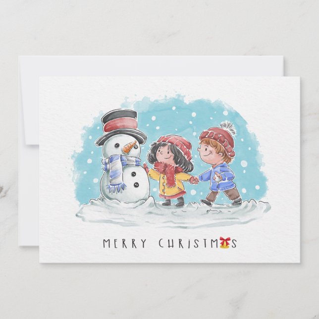 Kids with Snowman Merry Christmas Card (Front)