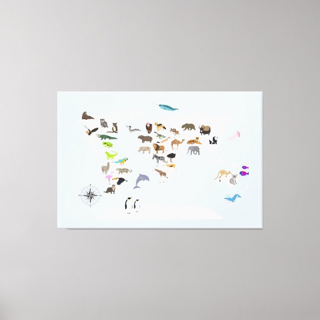 Kids World Map Animals Canvas Print (Front)