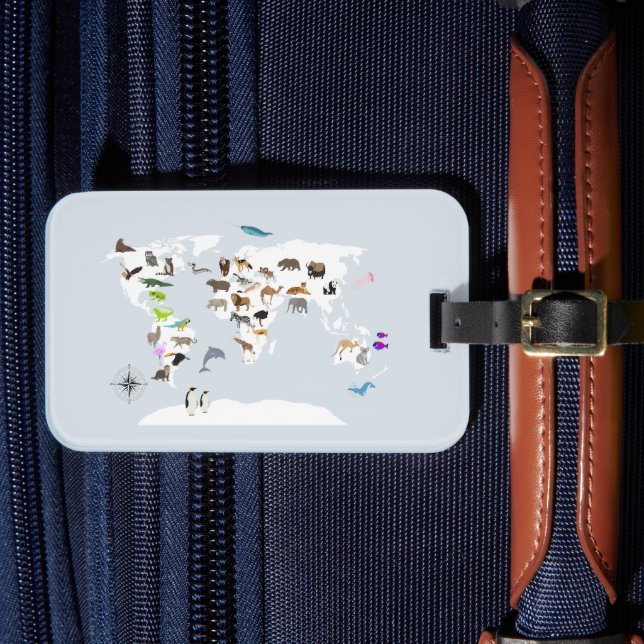 Kids World Map Animals Luggage Tag (Front Insitu 4)