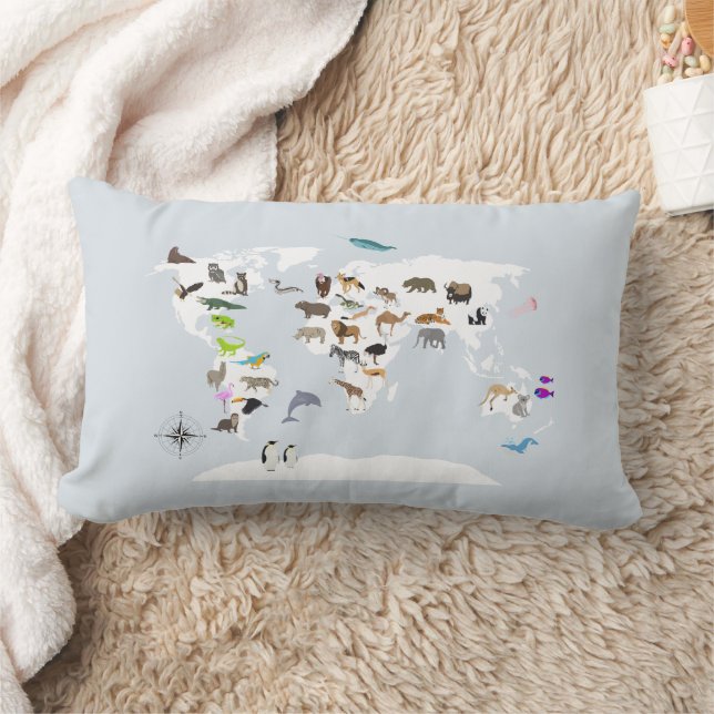 Kids World Map Animals Lumbar Cushion (Blanket)