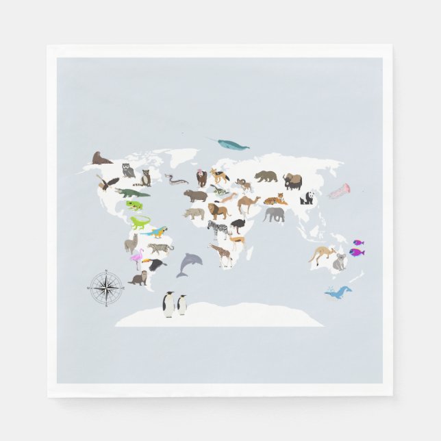 Kids World Map Animals Napkin (Front)