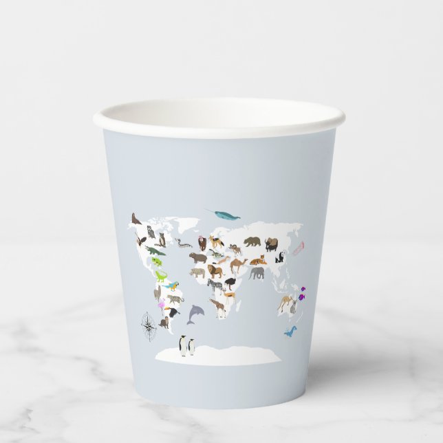 Kids World Map Animals Paper Cups (Front)