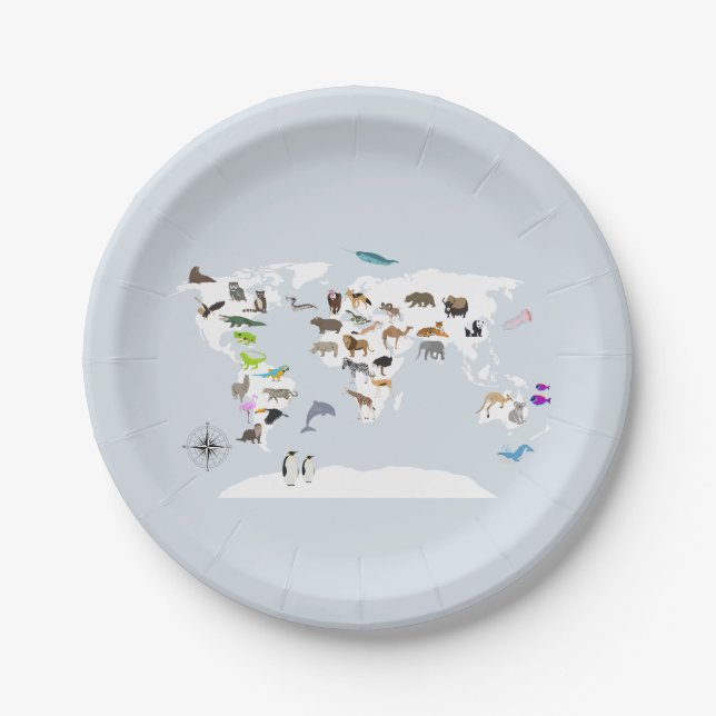 Kids World Map Animals Paper Plate (Front)