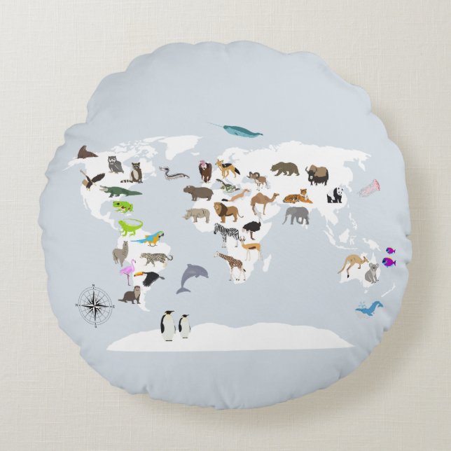 Kids World Map Animals Round Cushion (Front)