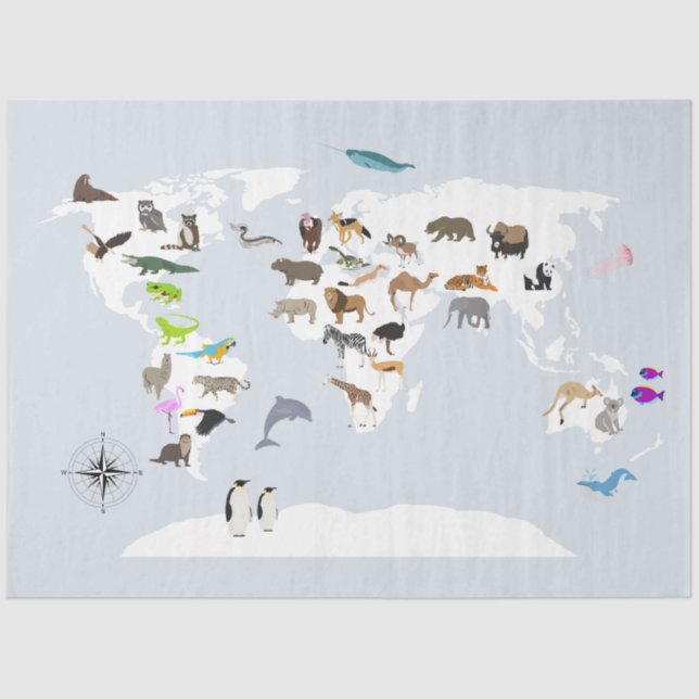 Kids World Map Animals Tissue Paper (Front)