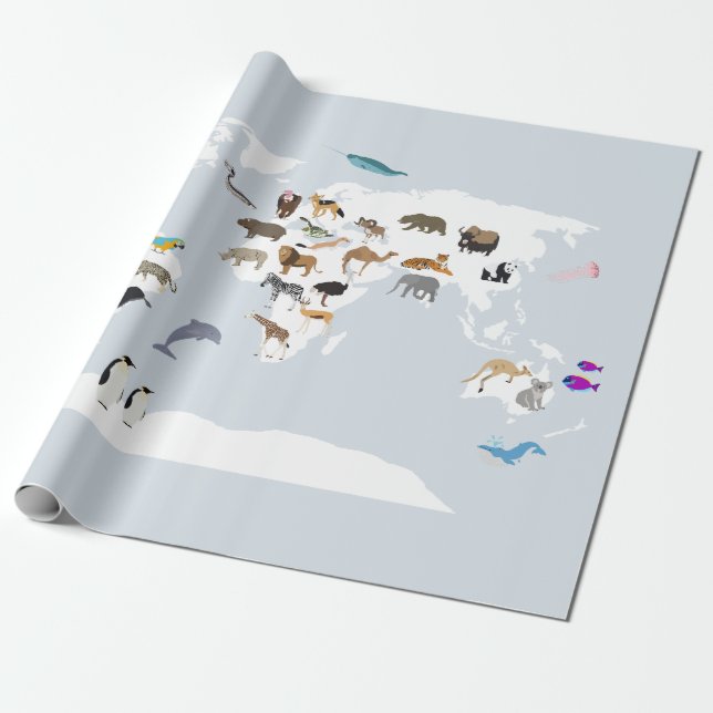 Kids World Map Animals Wrapping Paper (Unrolled)