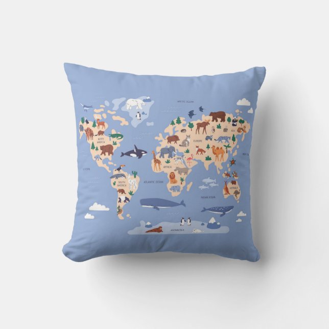 Kids World map Cute Whimsical Modern Cushion (Front)