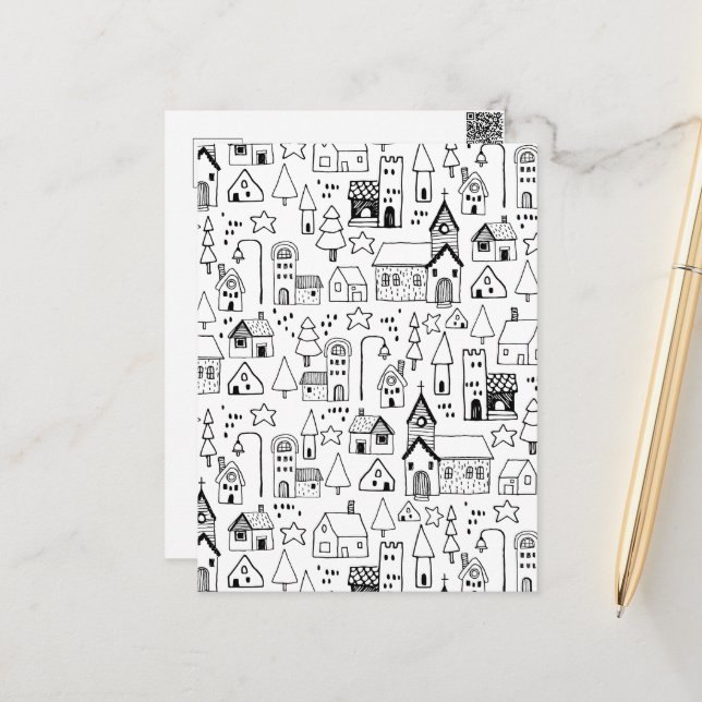 Kids Xmas Village Whimsical Black & White Invite Postcard (Front/Back In Situ)