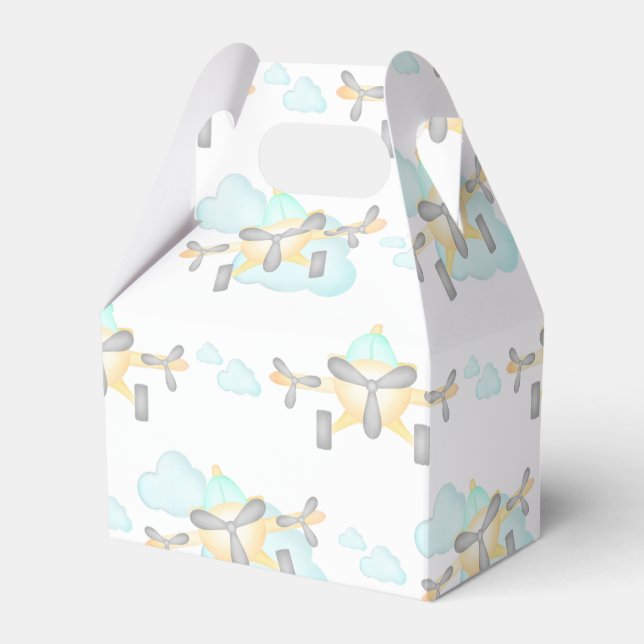 Kids Yellow Airplane Flying Aviation Birthday Favour Box (Front Side)